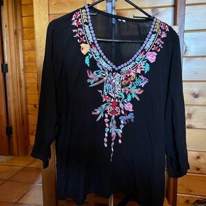 Black Embroidered V-Neck Women's Top - Multicolor Detail